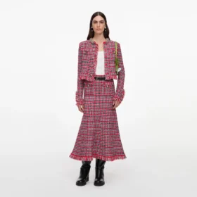 Red Check Frayed Knit Midi Skirt