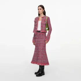 Red Check Frayed Knit Midi Skirt