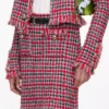 Red Check Frayed Knit Midi Skirt
