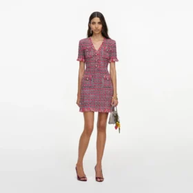 Red Check Frayed Knit Mini Dress