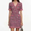 Red Check Frayed Knit Mini Dress