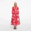 Red Floral Cotton Midi Dress