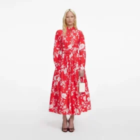 Red Floral Cotton Midi Dress