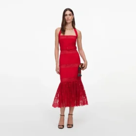 Red Linen Blend Lace Midi Dress