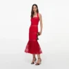 Red Linen Blend Lace Midi Dress