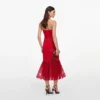 Red Linen Blend Lace Midi Dress
