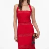 Red Linen Blend Lace Midi Dress