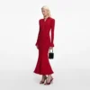 Red Pearl Trim Knit Midi Dress