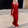 Red Pearl Trim Knit Midi Dress
