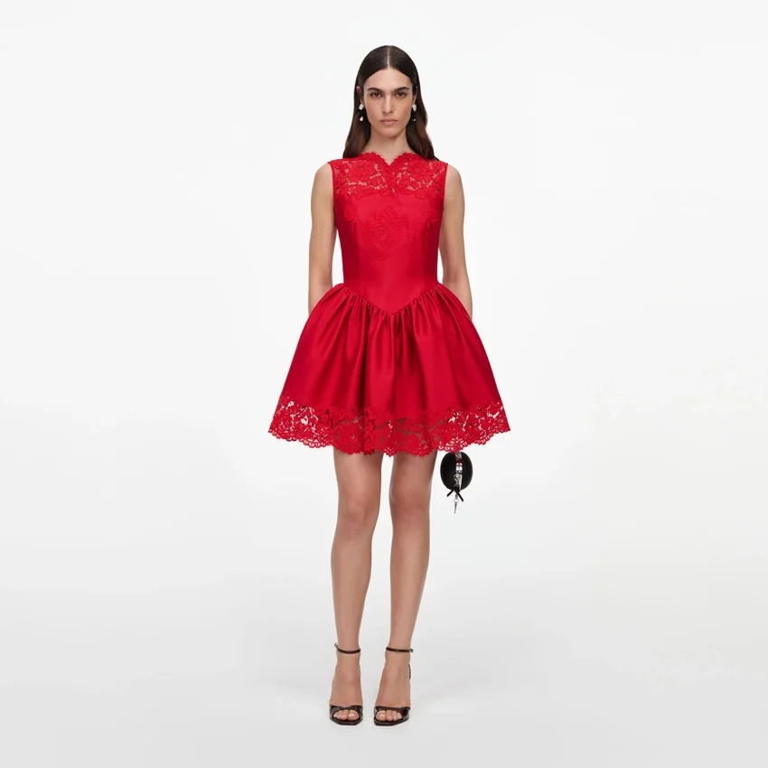 Red Taffeta Lace Mini Dress Red Taffeta Lace Mini Dress