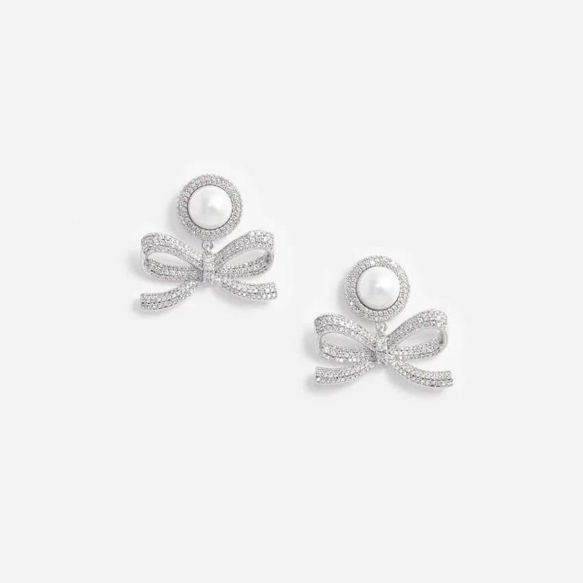 Silver Pearl Bow Drop Earrings Silver Pearl Bow Drop Earrings