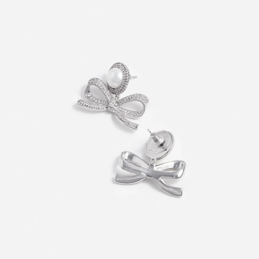 Silver Pearl Bow Drop Earrings Silver Pearl Bow Drop Earrings
