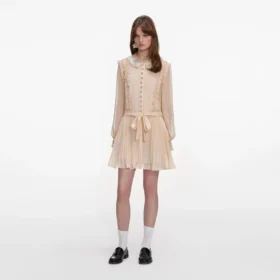 Tan Pleated Georgette Mini Dress