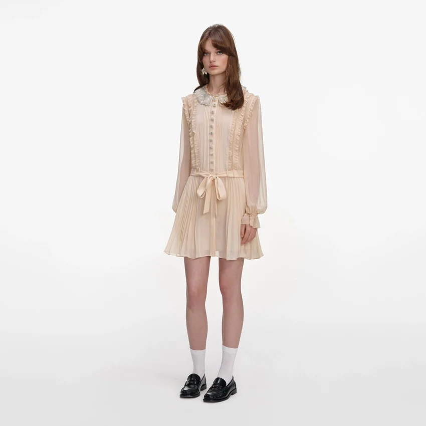 Tan Pleated Georgette Mini Dress Tan Pleated Georgette Mini Dress