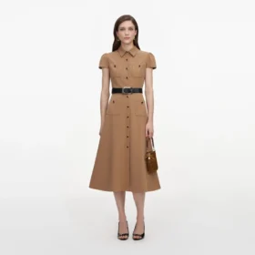 Tan Twill Belted Midi Dress