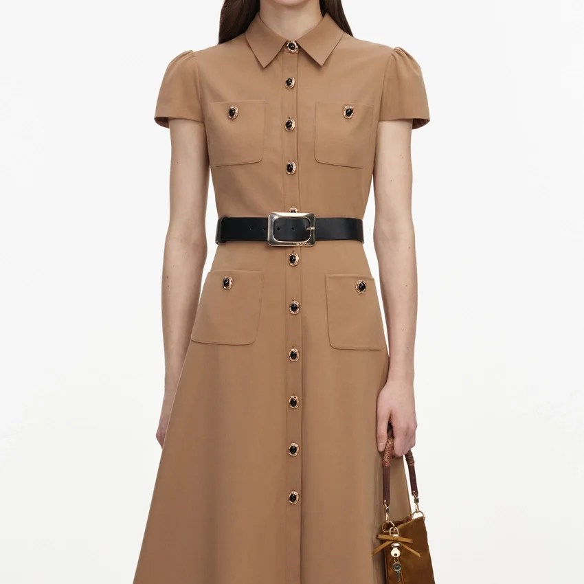 Tan Twill Belted Midi Dress Tan Twill Belted Midi Dress