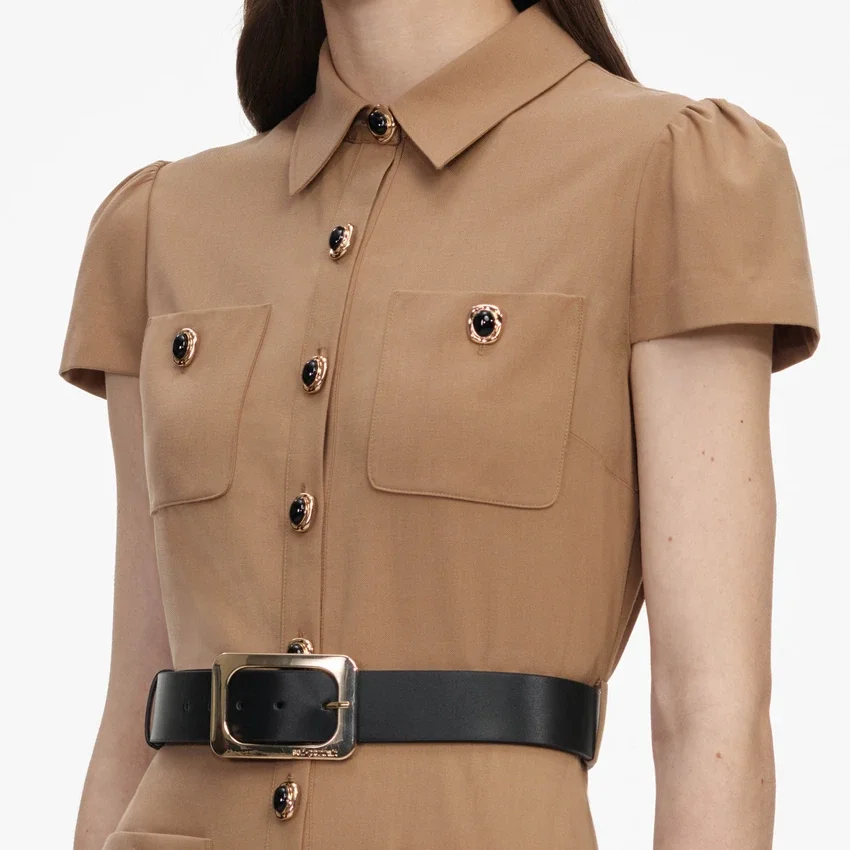 Tan Twill Belted Midi Dress Tan Twill Belted Midi Dress