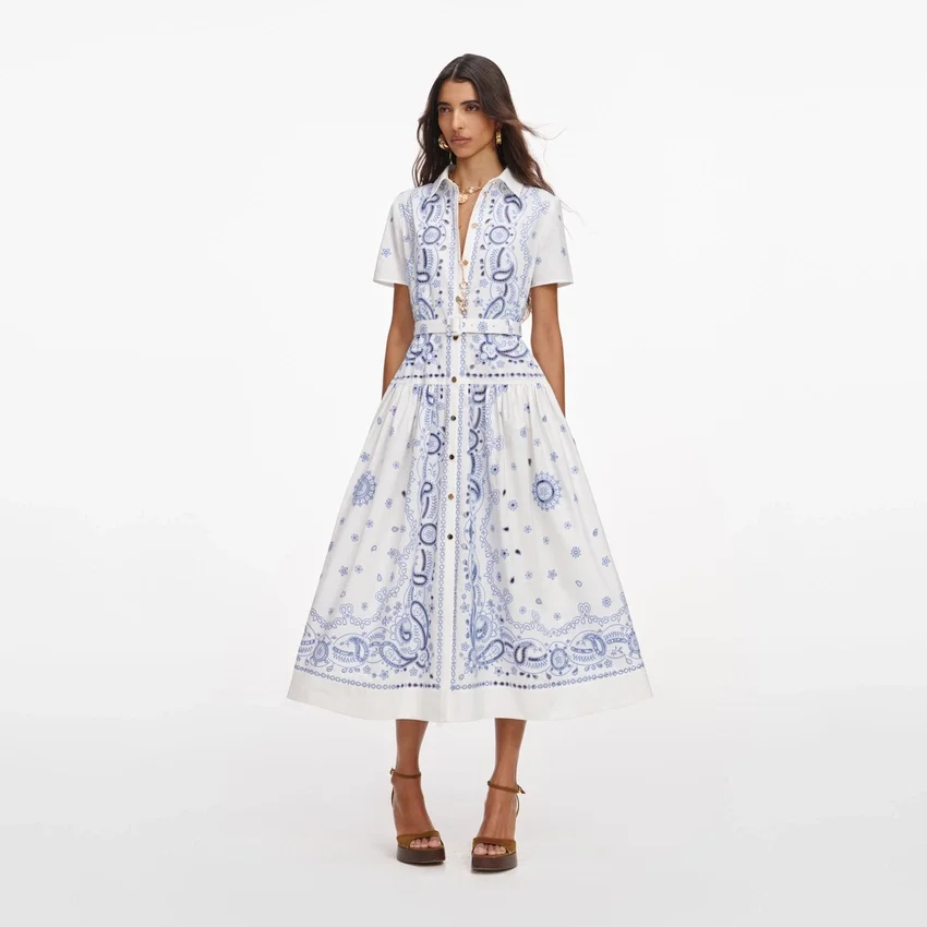 White And Blue Embroidered Midi Dress White And Blue Embroidered Midi Dress