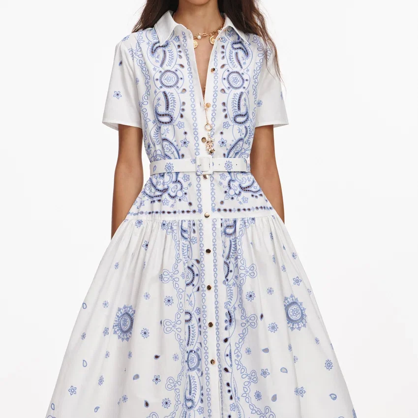 White And Blue Embroidered Midi Dress White And Blue Embroidered Midi Dress