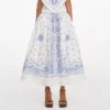 White And Blue Embroidered Midi Skirt