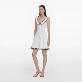 White Contrast Trim Knit Mini Dress