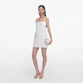 White Crepe 3D Sequin Flower Mini Dress