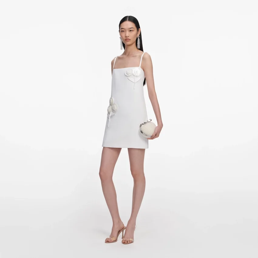White Crepe 3D Sequin Flower Mini Dress White Crepe 3D Sequin Flower Mini Dress
