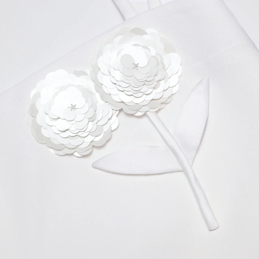 White Crepe 3D Sequin Flower Mini Dress White Crepe 3D Sequin Flower Mini Dress