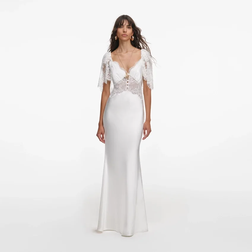White Fine Lace Satin Maxi Dress White Fine Lace Satin Maxi Dress