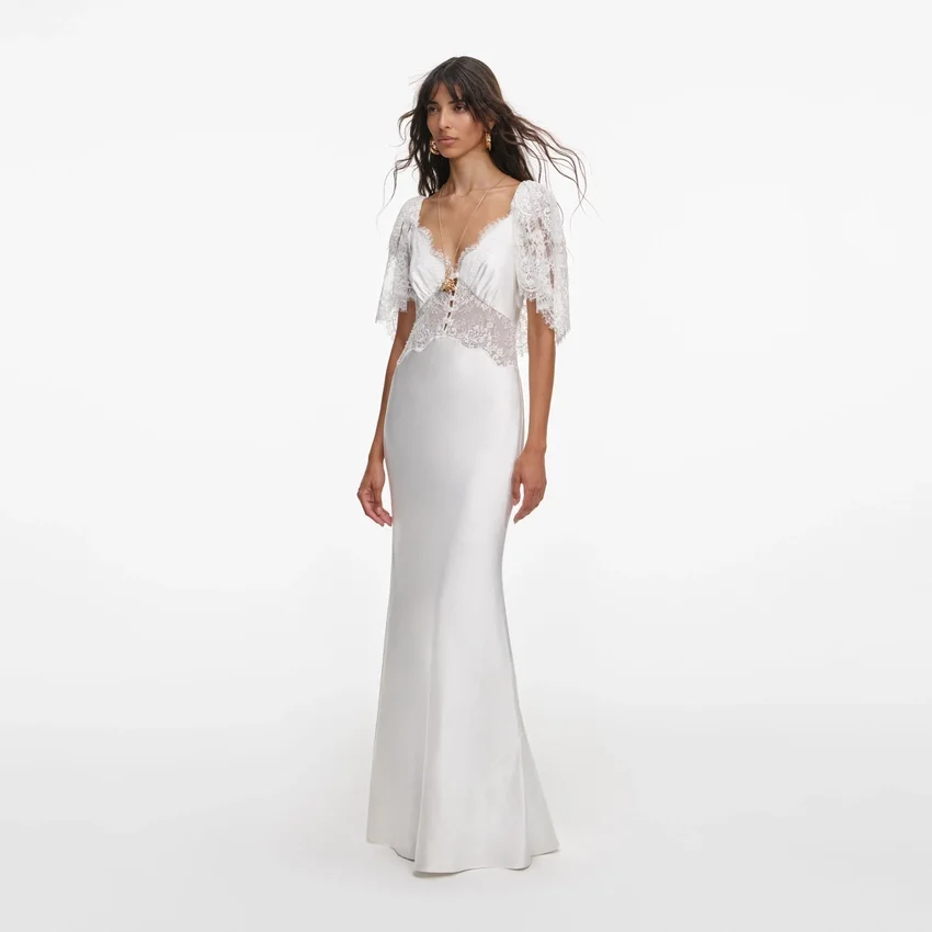 White Fine Lace Satin Maxi Dress White Fine Lace Satin Maxi Dress