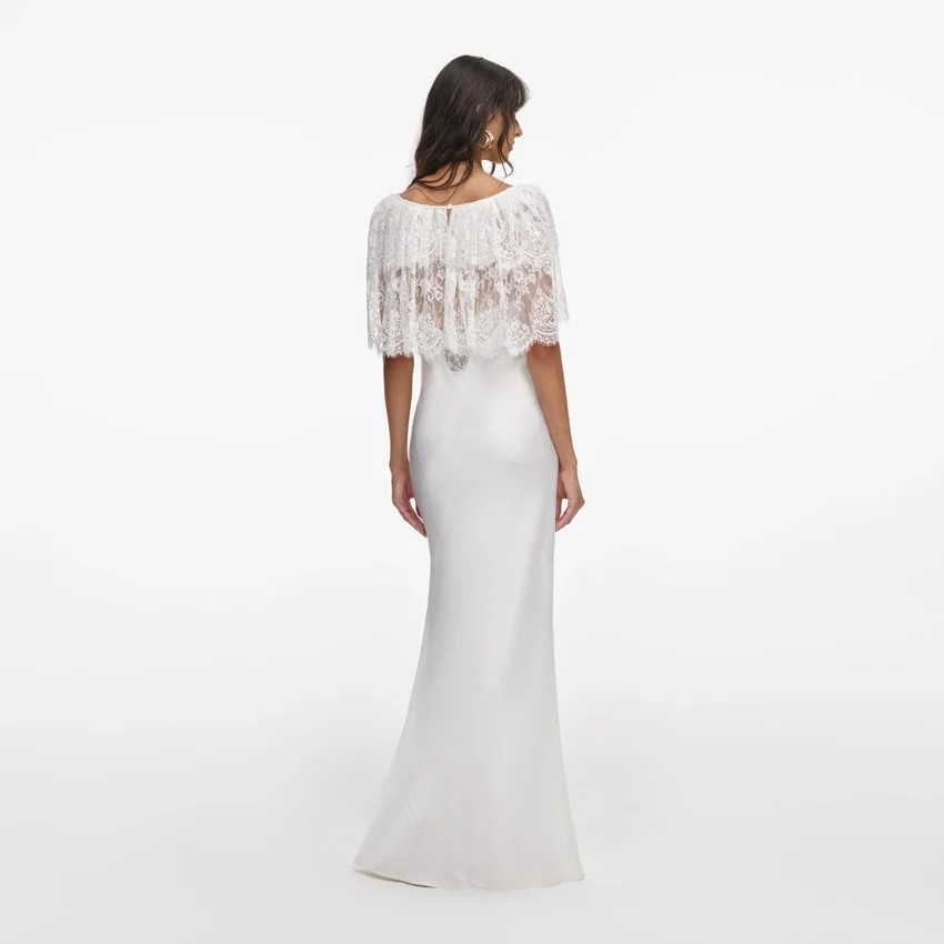 White Fine Lace Satin Maxi Dress White Fine Lace Satin Maxi Dress