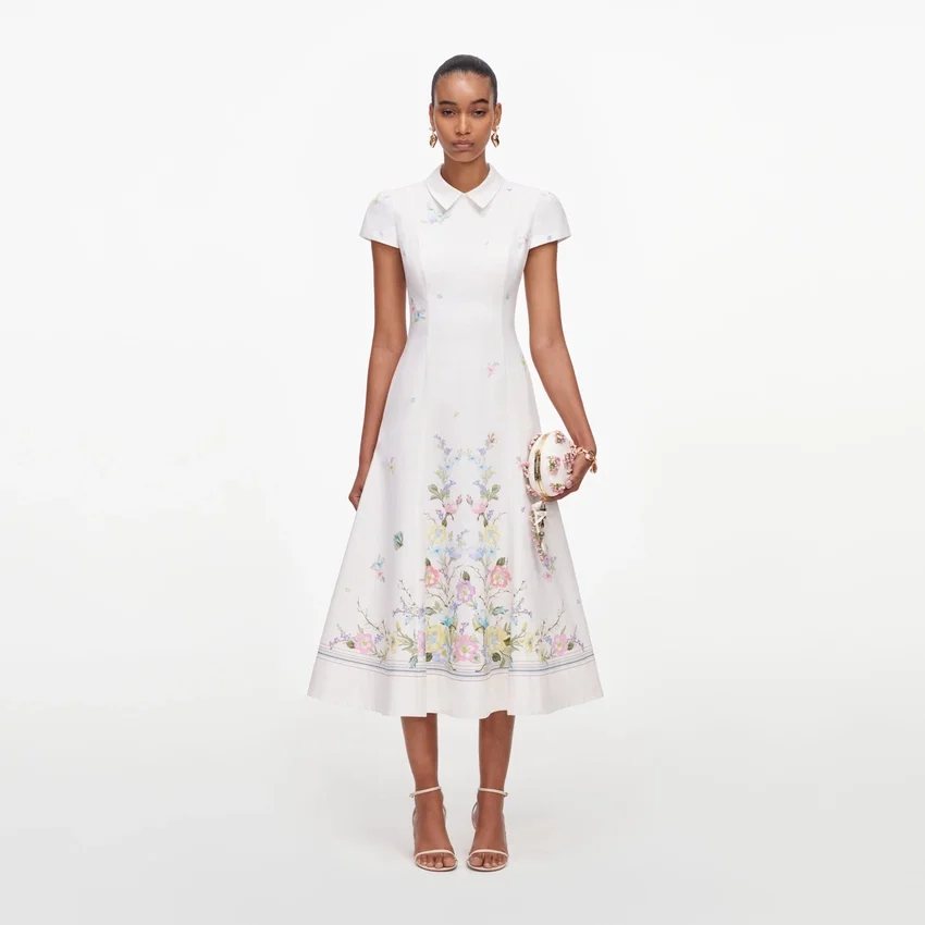 White Floral Linen Blend Midi Dress White Floral Linen Blend Midi Dress