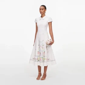 White Floral Linen Blend Midi Dress