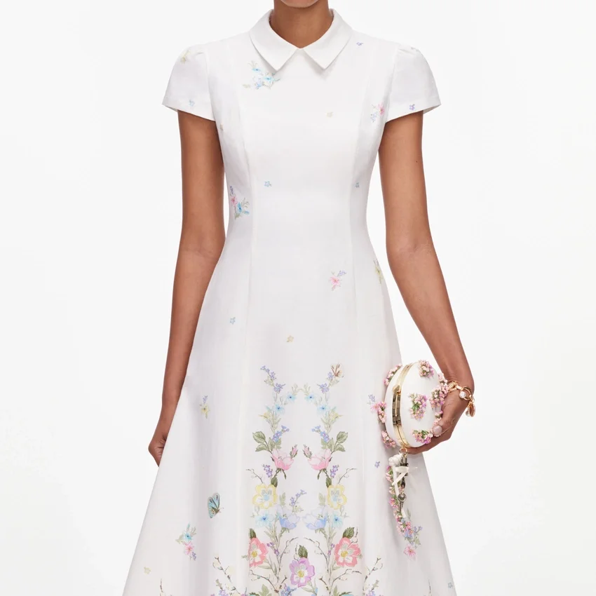 White Floral Linen Blend Midi Dress White Floral Linen Blend Midi Dress