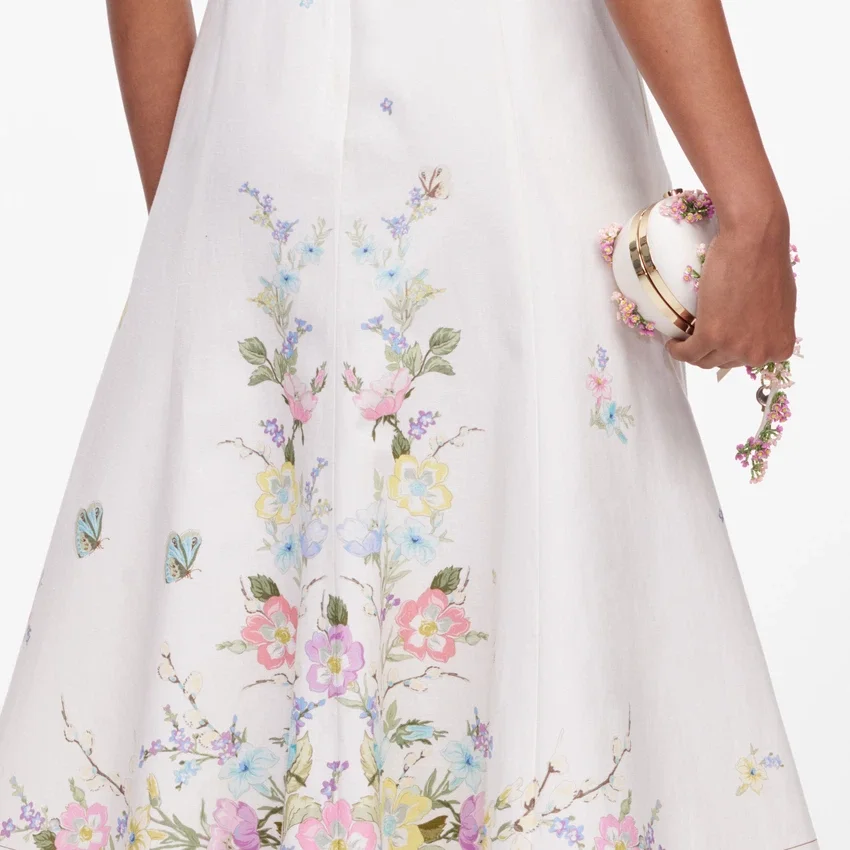 White Floral Linen Blend Midi Dress White Floral Linen Blend Midi Dress