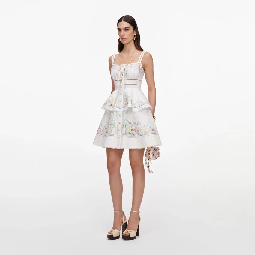 White Floral Linen Blend Peplum Mini Dress White Floral Linen Blend Peplum Mini Dress