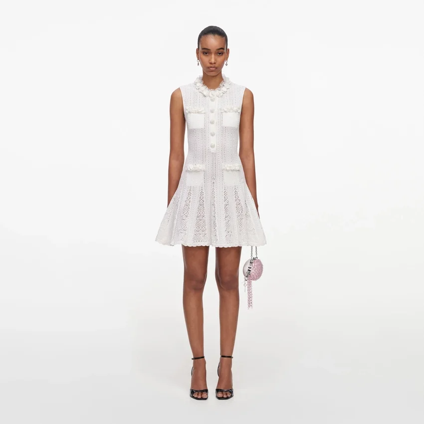 White Flower Trim Knit Mini Dress White Flower Trim Knit Mini Dress