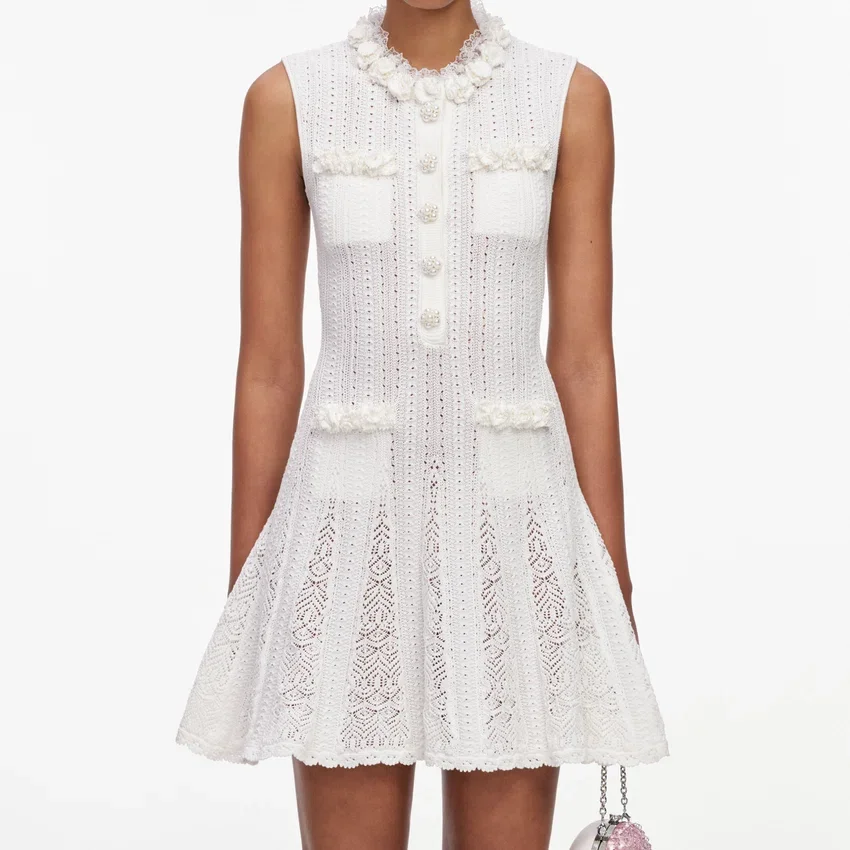 White Flower Trim Knit Mini Dress White Flower Trim Knit Mini Dress