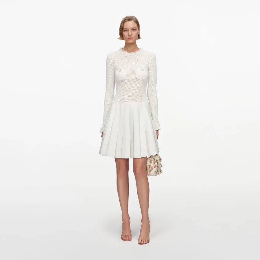 White Knit Pleated Twill Mini Dress White Knit Pleated Twill Mini Dress