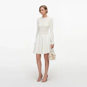 White Knit Pleated Twill Mini Dress