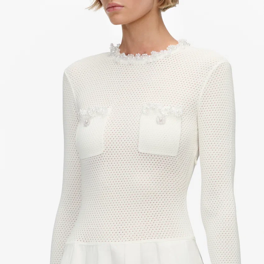 White Knit Pleated Twill Mini Dress White Knit Pleated Twill Mini Dress