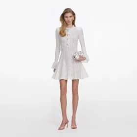White Lace Collared Pointelle Knit Mini Dress