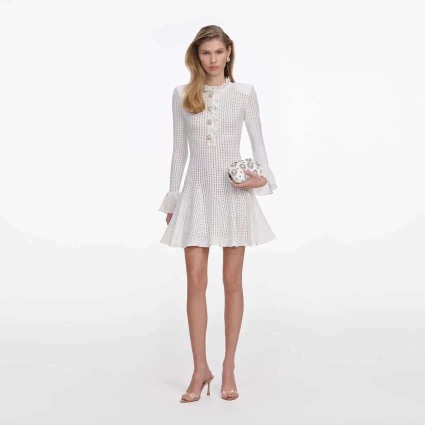 White Lace Collared Pointelle Knit Mini Dress White Lace Collared Pointelle Knit Mini Dress