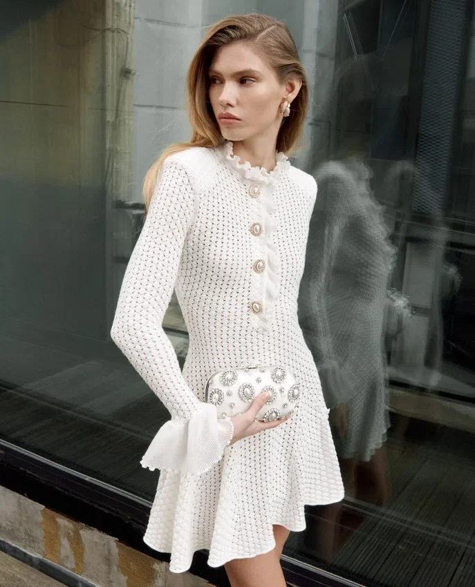 White Lace Collared Pointelle Knit Mini Dress White Lace Collared Pointelle Knit Mini Dress