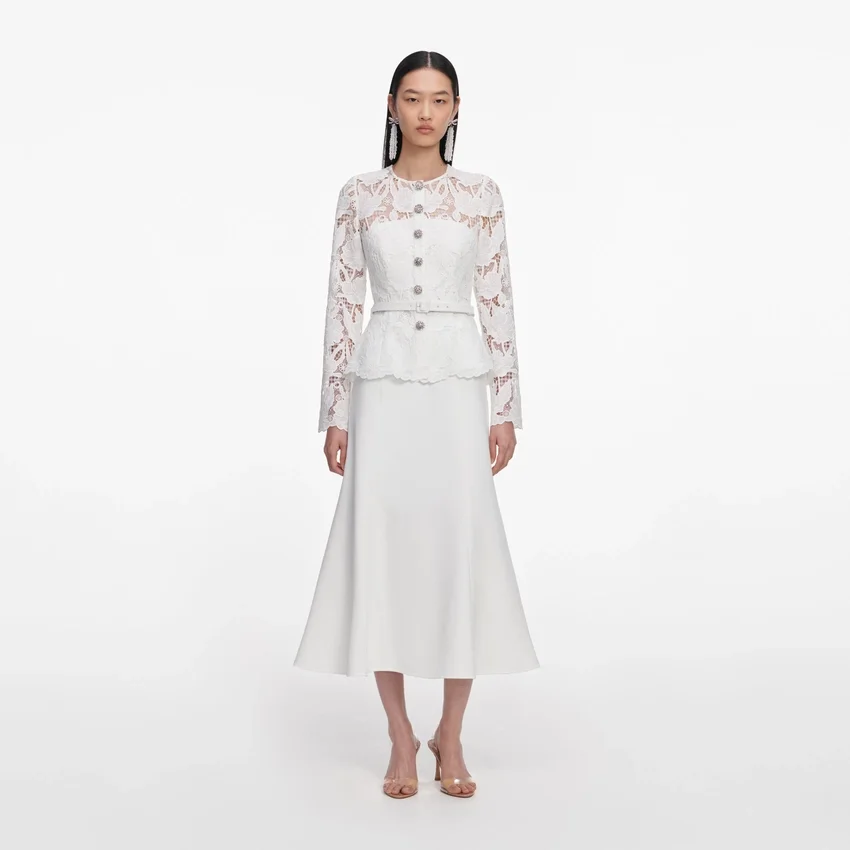 White Lace Crepe Midi Dress White Lace Crepe Midi Dress