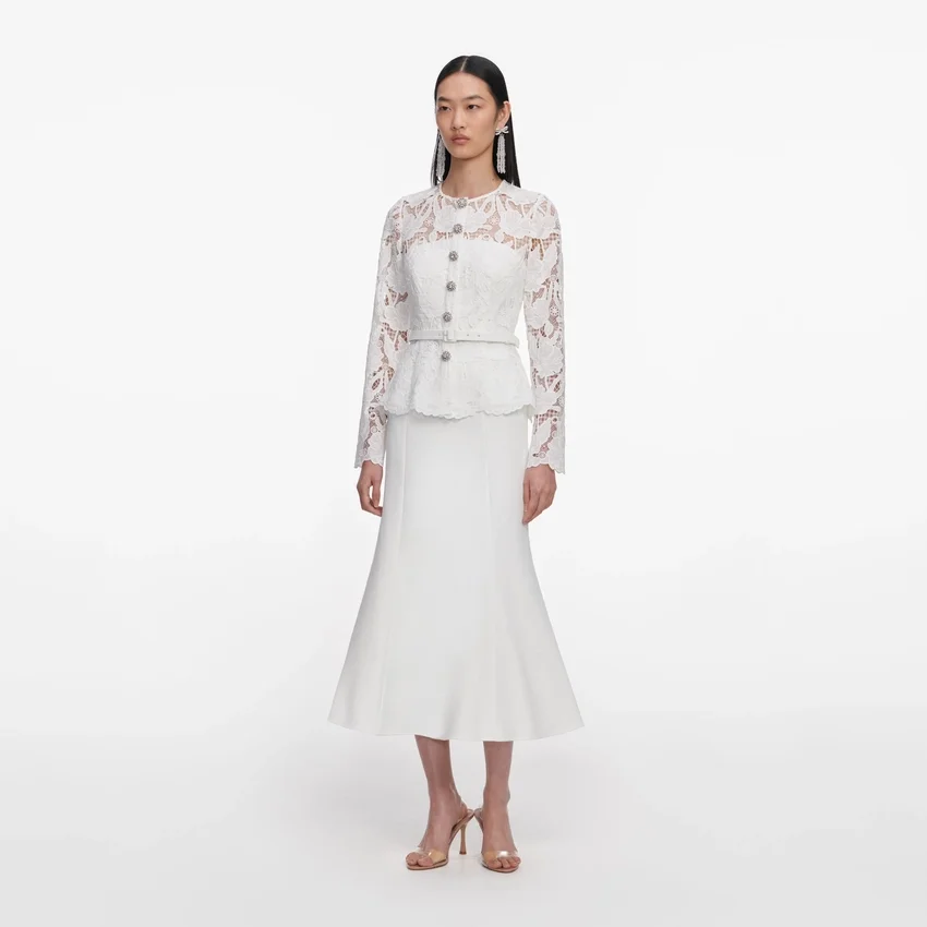 White Lace Crepe Midi Dress White Lace Crepe Midi Dress