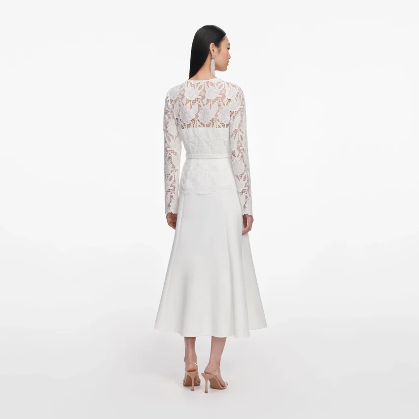 White Lace Crepe Midi Dress White Lace Crepe Midi Dress