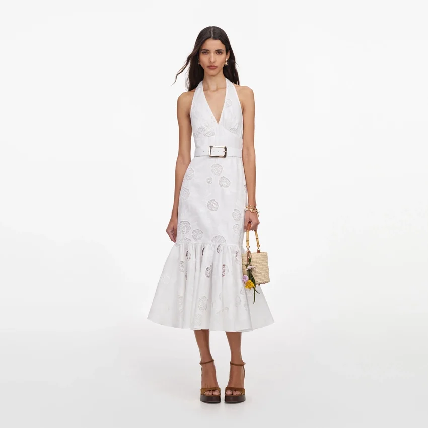 White Linen Blend Halterneck Midi Dress White Linen Blend Halterneck Midi Dress
