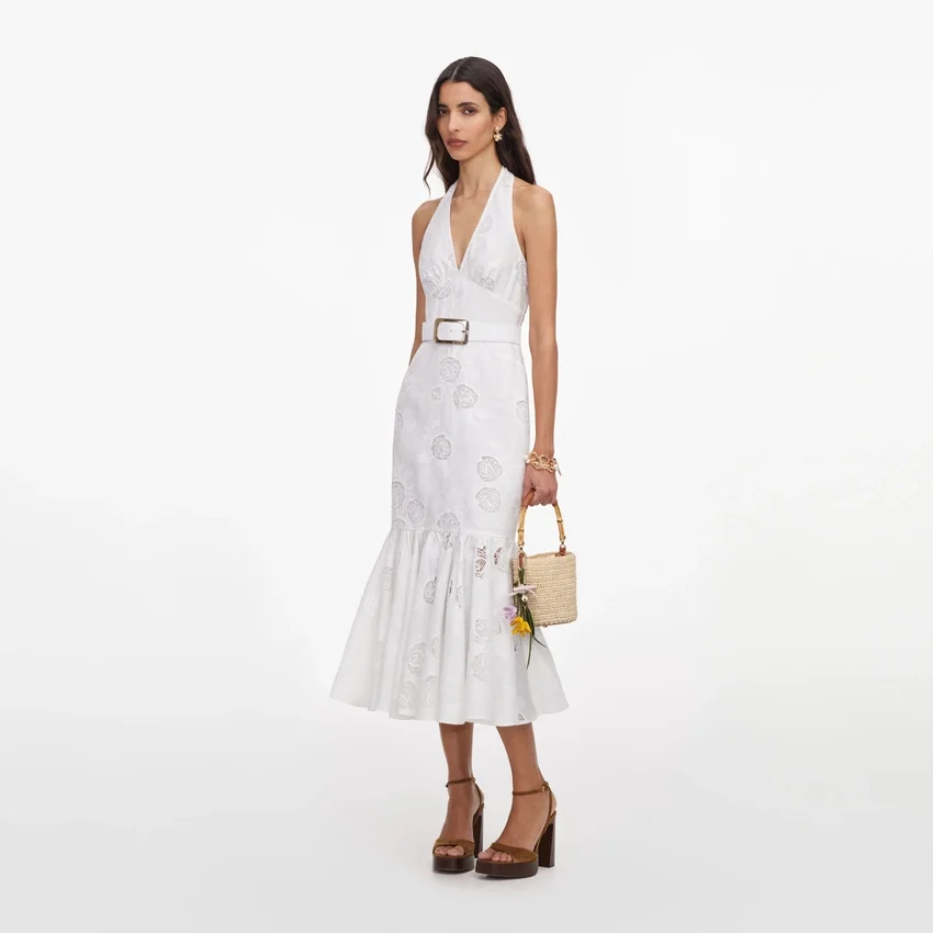White Linen Blend Halterneck Midi Dress White Linen Blend Halterneck Midi Dress