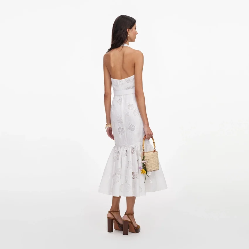 White Linen Blend Halterneck Midi Dress White Linen Blend Halterneck Midi Dress